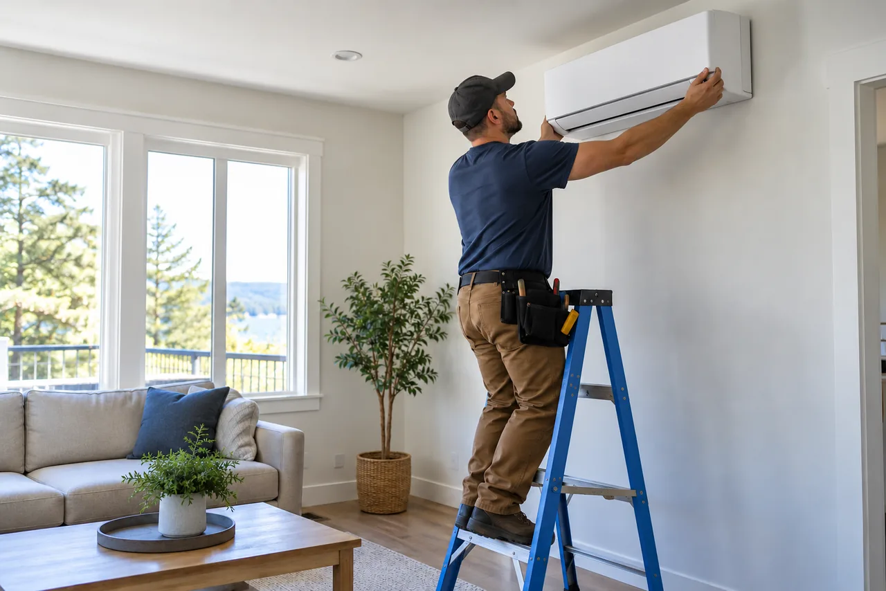 A technician on a stepladder fitting a ductless unit on a living room wall